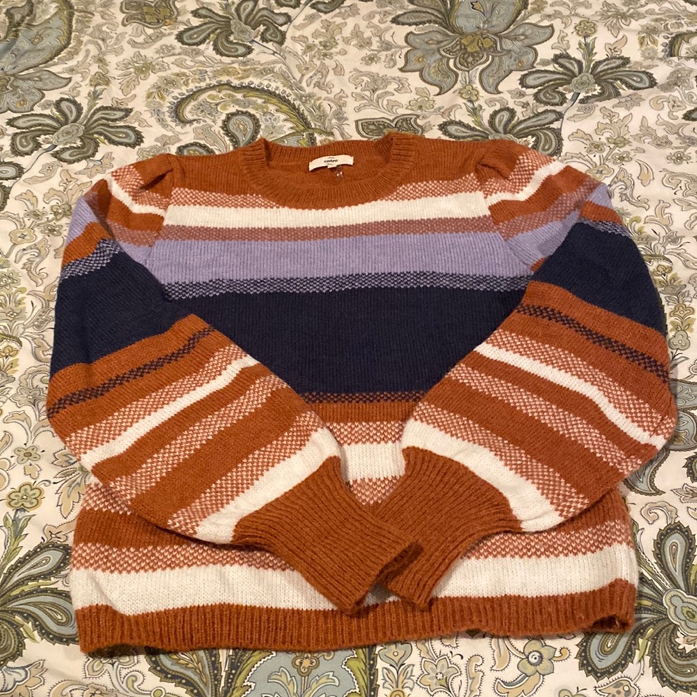 Burnt orange and navy blue sweater.